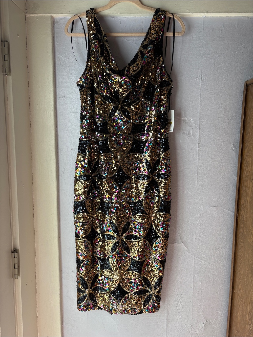 Kensie Black & Gold Sequin Midi Dress